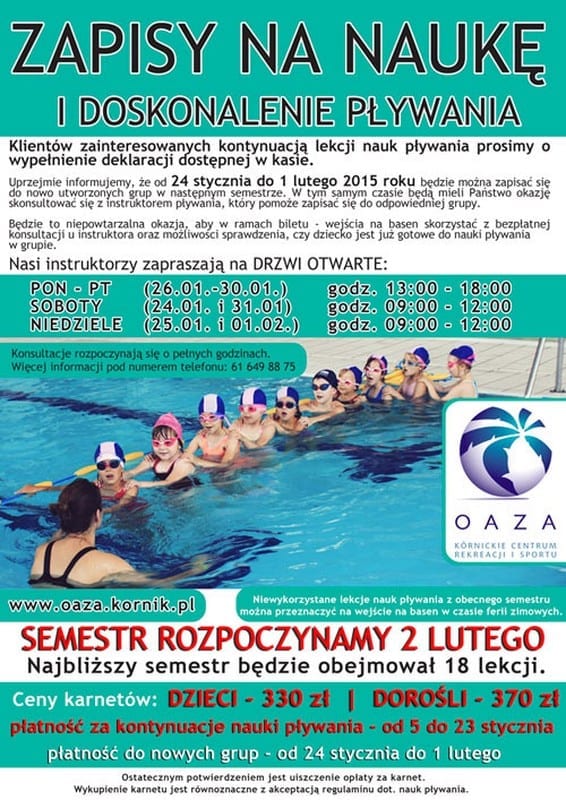 Zapisy na naukę i doskonalenie pływania - Oaza Kórnik